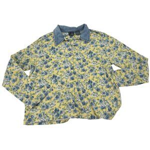Lizwear Women's Floral Yellow & Blue Long Sleeve Button-Up Shirt Large Vintage 9